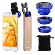 Clip 180 Degree Fish Eye Lens + Wide Angle + Micro Lens Kit for iPhone Samsung cell phone Blue
